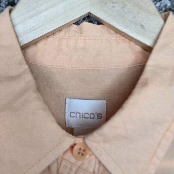 Chicos Top Womens 1 US Medium Orange Button Up Semi Sheer Roll Tab Sleeve Ladies - Picture 6 of 7